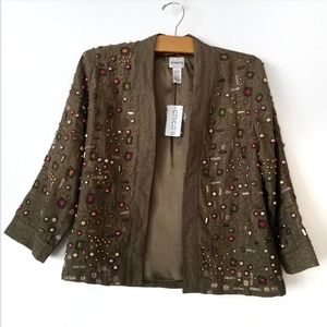 Chico's olive green open front linen beaded embroidery blazer jacket